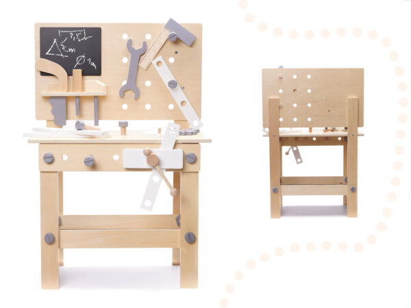 Banc de lucru copii din lemn cu unelte incluse, masa 45x26x67 cm, set DIY pentru micul mester - imagine 6