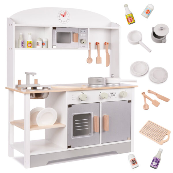 Bucatarie din lemn pentru copii cu accesorii, MDF si lemn, 68x25x82 cm, gri si alb - imagine 2