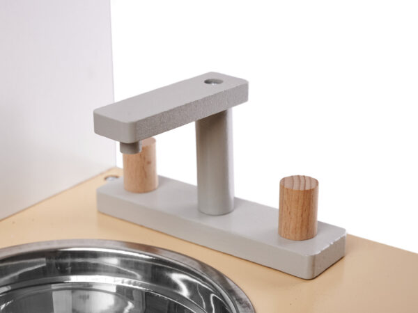 Bucatarie din lemn pentru copii cu accesorii, MDF si lemn, 68x25x82 cm, gri si alb - imagine 13