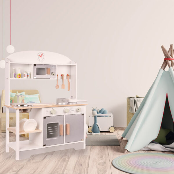 Bucatarie din lemn pentru copii cu accesorii, MDF si lemn, 68x25x82 cm, gri si alb - imagine 14