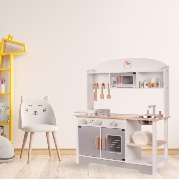Bucatarie din lemn pentru copii cu accesorii, MDF si lemn, 68x25x82 cm, gri si alb - imagine 16