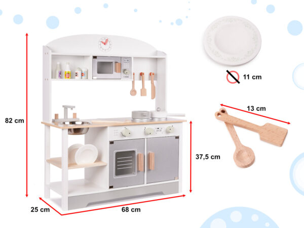Bucatarie din lemn pentru copii cu accesorii, MDF si lemn, 68x25x82 cm, gri si alb - imagine 4