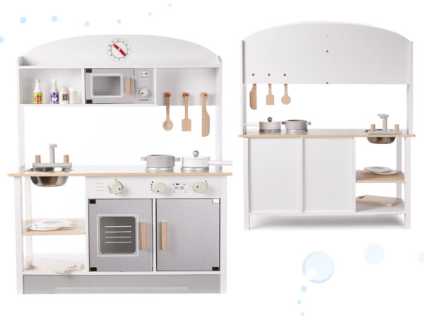 Bucatarie din lemn pentru copii cu accesorii, MDF si lemn, 68x25x82 cm, gri si alb - imagine 5
