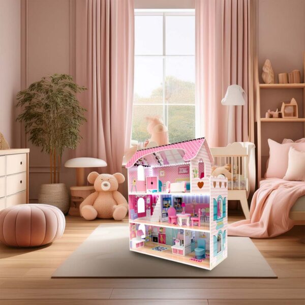 Casuta din lemn pentru papusi cu mobilier si banda LED, 3 etaje, 62x27x70 cm, multicolor - imagine 4