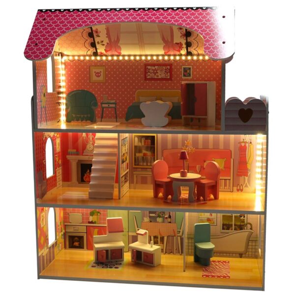 Casuta din lemn pentru papusi cu mobilier si banda LED, 3 etaje, 62x27x70 cm, multicolor - imagine 8