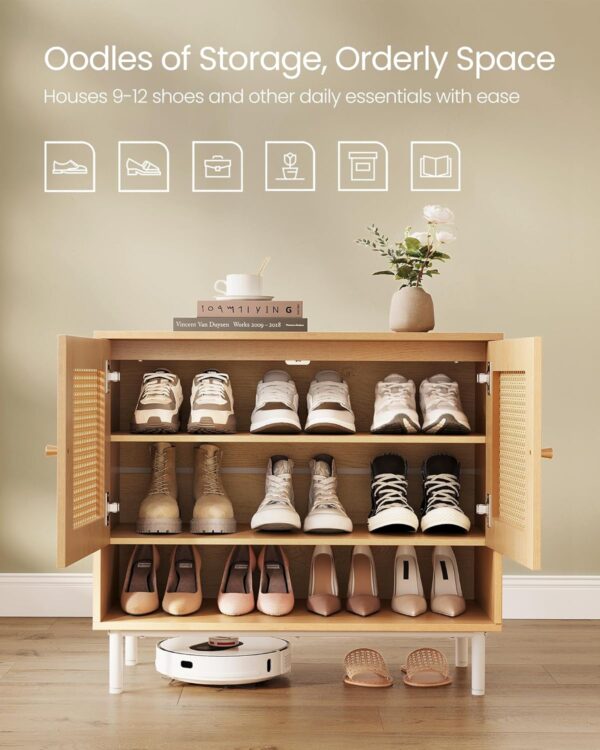 VASAGLE Raft pantofi 3 usi cu aspect ratan, cadru PAL si picioare metalice, stil boho, 80x35x70 cm, stejar bej - imagine 3