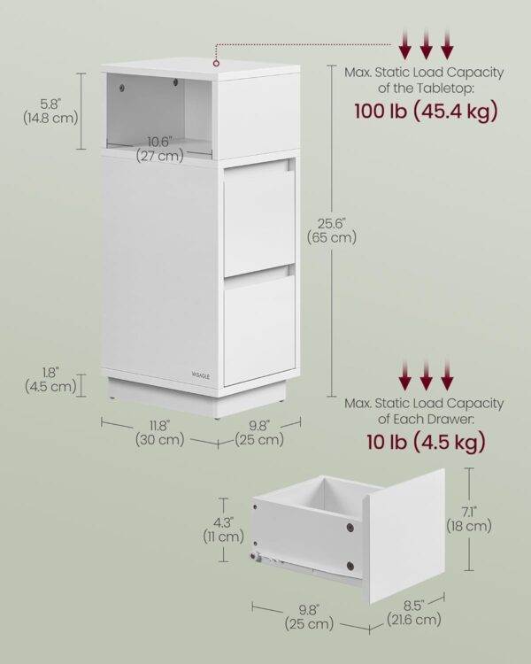 VASAGLE Noptiera ingusta cu 2 sertare, montaj stanga - dreapta, 30x25x65 cm, alb - imagine 3