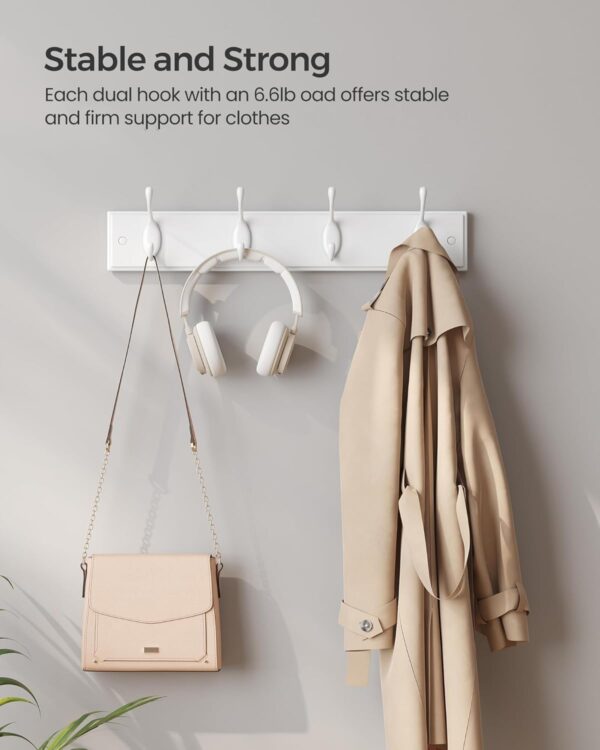 SONGMICS Cuier perete cu 4 carlige duble metalice, MDF, montaj pe perete, 40x8 cm, alb - imagine 6