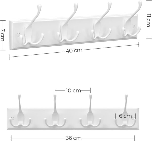 SONGMICS Cuier perete cu 4 carlige triple, MDF si aliaj zinc, 40x11 cm, alb - imagine 2