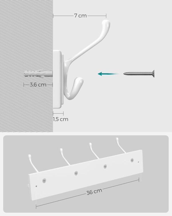 SONGMICS Cuier perete cu 4 carlige triple, MDF si aliaj zinc, 40x11 cm, alb - imagine 4