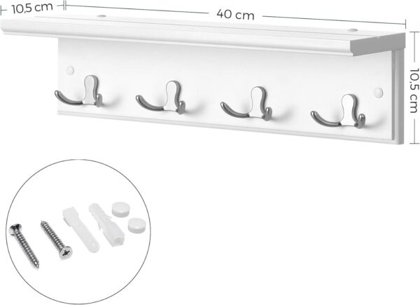 SONGMICS Cuier perete cu raft, 4 carlige duble metalice, MDF, 42x11x15 cm, alb - imagine 2