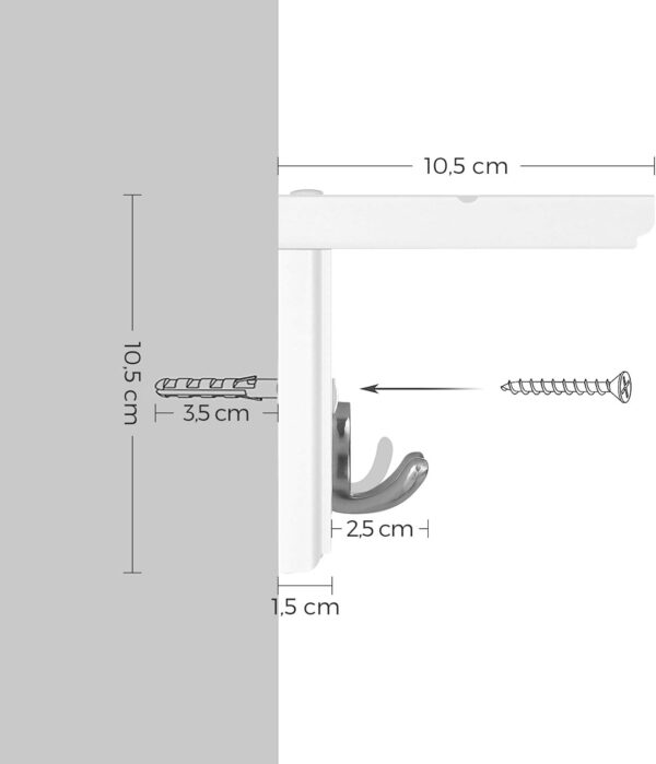 SONGMICS Cuier perete cu raft, 4 carlige duble metalice, MDF, 42x11x15 cm, alb - imagine 3