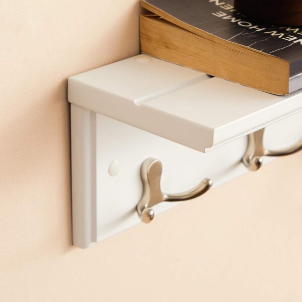 SONGMICS Cuier perete cu raft, 4 carlige duble metalice, MDF, 42x11x15 cm, alb - imagine 5