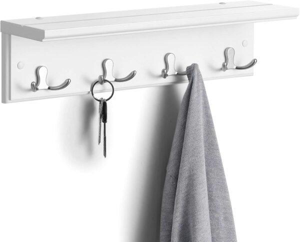 SONGMICS Cuier perete cu raft, 4 carlige duble metalice, MDF, 42x11x15 cm, alb - imagine 6
