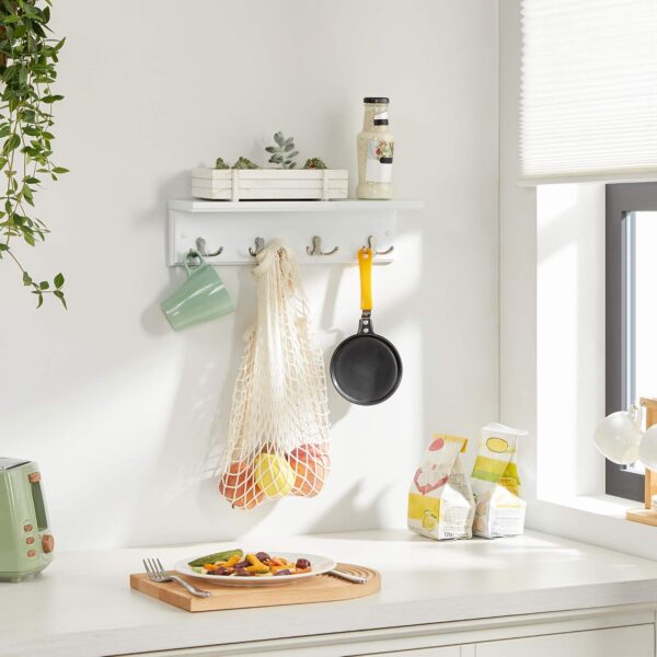 SONGMICS Cuier perete cu raft, 4 carlige duble metalice, MDF, 42x11x15 cm, alb - imagine 8