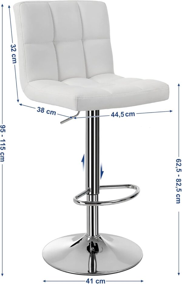 SONGMICS Set 2 scaune bar reglabile pe inaltime, cu spatar, sezut PU si suport picioare, rotatie 360°, 38x45x115 cm, alb - imagine 2