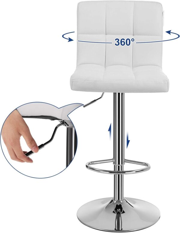 SONGMICS Set 2 scaune bar reglabile pe inaltime, cu spatar, sezut PU si suport picioare, rotatie 360°, 38x45x115 cm, alb - imagine 3