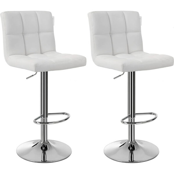 SONGMICS Set 2 scaune bar reglabile pe inaltime, cu spatar, sezut PU si suport picioare, rotatie 360°, 38x45x115 cm, alb