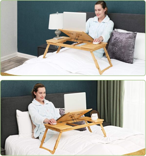 SONGMICS Masa pliabila laptop, din bambus, cu ventilatie si picioare ajustabile, 72x35x29 cm, natur - imagine 9