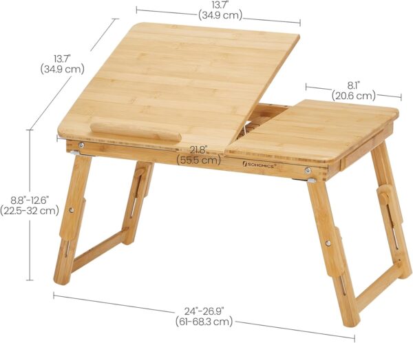 SONGMICS Masuta laptop sau mic dejun, din bambus, reglabila pe inaltime si unghi, cu sertar lateral, 68x35x22-32 cm, natural - imagine 2