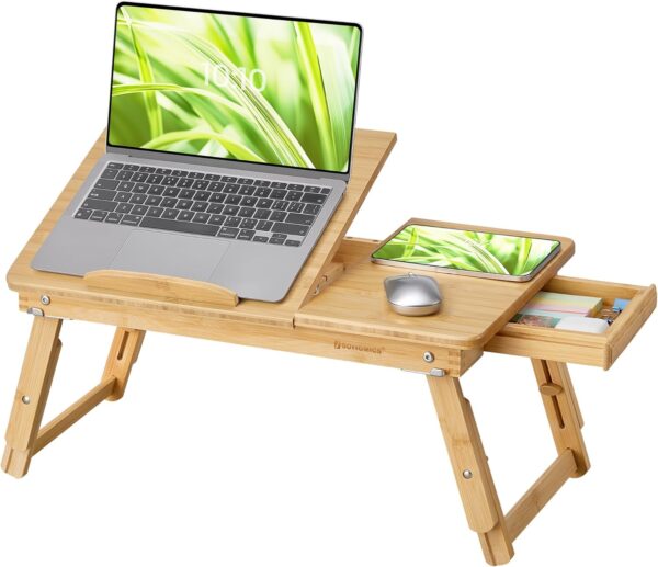 SONGMICS Masuta laptop sau mic dejun, din bambus, reglabila pe inaltime si unghi, cu sertar lateral, 68x35x22-32 cm, natural - imagine 3