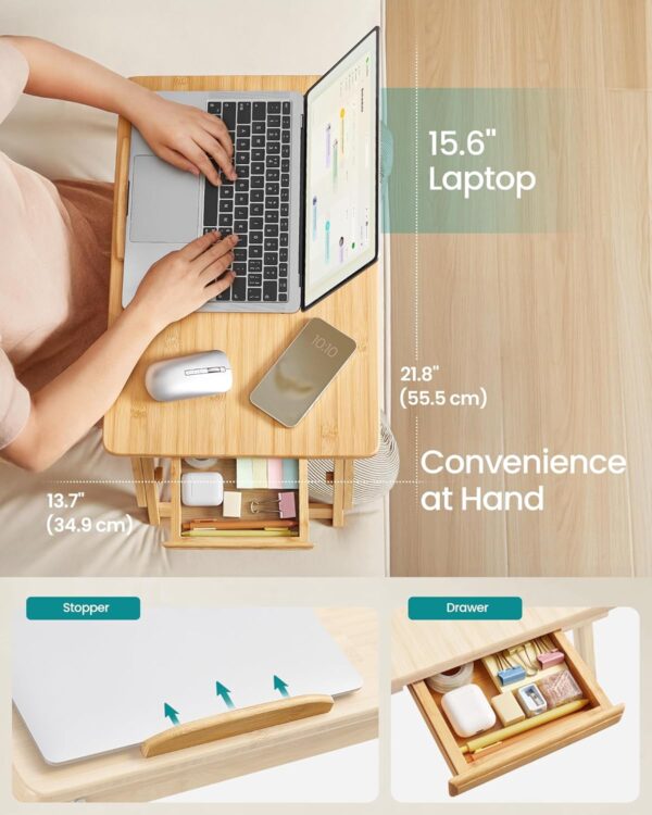 SONGMICS Masuta laptop sau mic dejun, din bambus, reglabila pe inaltime si unghi, cu sertar lateral, 68x35x22-32 cm, natural - imagine 5