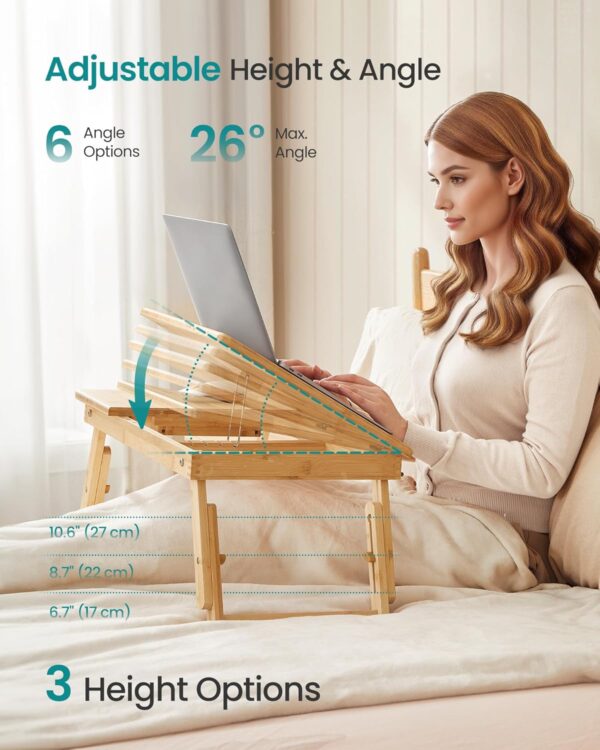SONGMICS Masuta laptop sau mic dejun, din bambus, reglabila pe inaltime si unghi, cu sertar lateral, 68x35x22-32 cm, natural - imagine 7