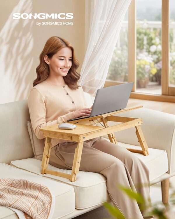 SONGMICS Masuta laptop sau mic dejun, din bambus, reglabila pe inaltime si unghi, cu sertar lateral, 68x35x22-32 cm, natural - imagine 9