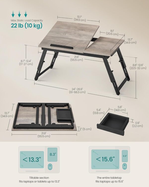 SONGMICS Masa laptop sau mic dejun cu picioare pliabile, din bambus, blat reglabil pe unghi si inaltime, 68x35x32 cm - imagine 2