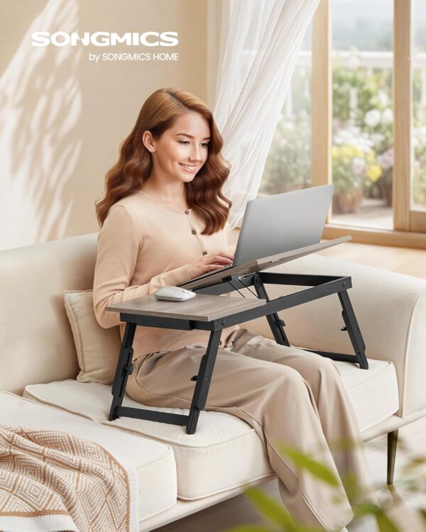 SONGMICS Masa laptop sau mic dejun cu picioare pliabile, din bambus, blat reglabil pe unghi si inaltime, 68x35x32 cm - imagine 3