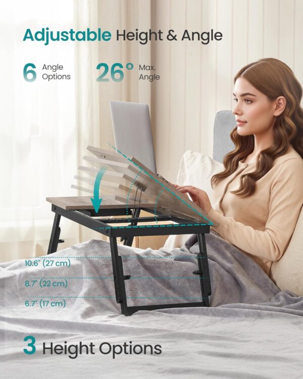 SONGMICS Masa laptop sau mic dejun cu picioare pliabile, din bambus, blat reglabil pe unghi si inaltime, 68x35x32 cm - imagine 4