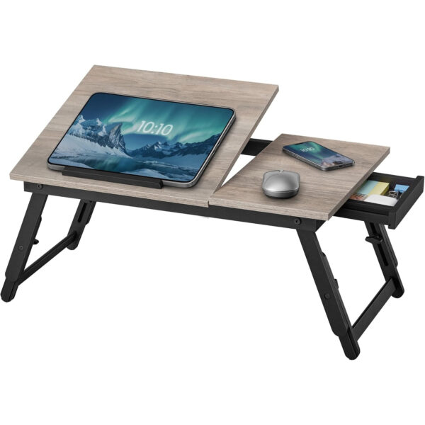 SONGMICS Masa laptop sau mic dejun cu picioare pliabile, din bambus, blat reglabil pe unghi si inaltime, 68x35x32 cm - imagine 7