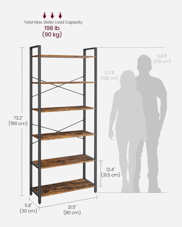 VASAGLE Biblioteca cu 6 rafturi, etajera stil industrial, PAL si cadru metalic, 30x80x186 cm, maro rustic - imagine 2
