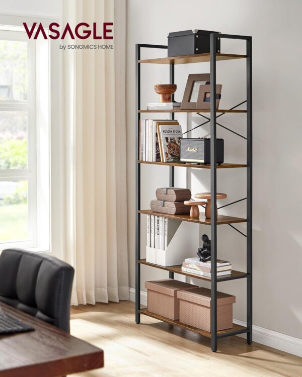 VASAGLE Biblioteca cu 6 rafturi, etajera stil industrial, PAL si cadru metalic, 30x80x186 cm, maro rustic - imagine 3