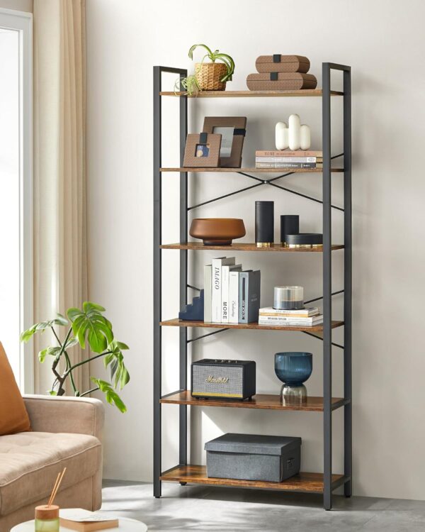 VASAGLE Biblioteca cu 6 rafturi, etajera stil industrial, PAL si cadru metalic, 30x80x186 cm, maro rustic - imagine 7