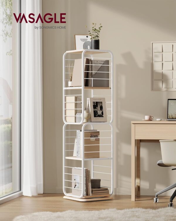 VASAGLE Biblioteca rotativa 360 grade, cadru metalic, cu 5 polite MDF, 43x43x158cm, alb - imagine 3