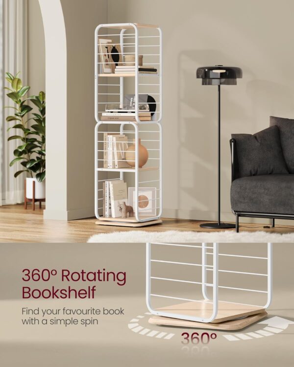 VASAGLE Biblioteca rotativa 360 grade, cadru metalic, cu 5 polite MDF, 43x43x158cm, alb - imagine 4