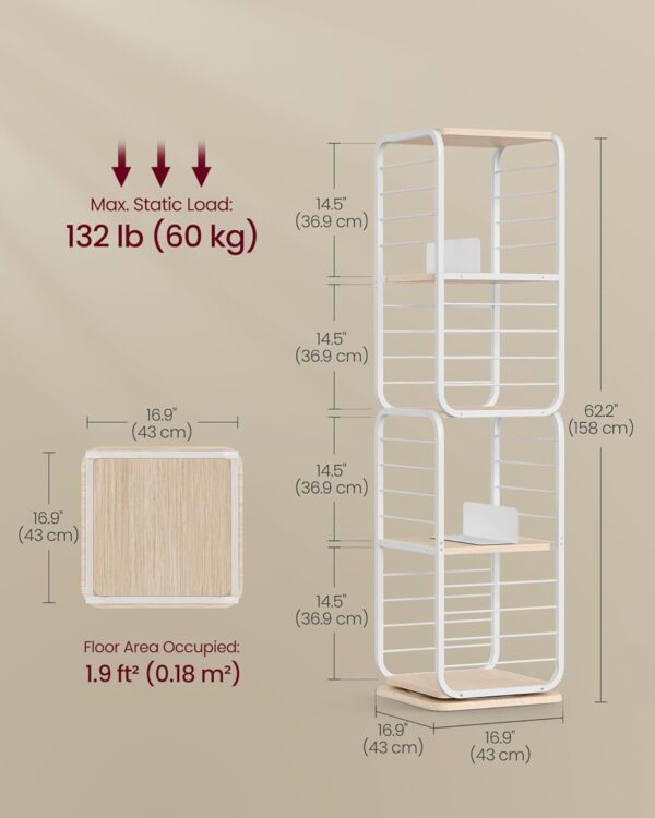 VASAGLE Biblioteca rotativa 360 grade, cadru metalic, cu 5 polite MDF, 43x43x158cm, alb - imagine 5
