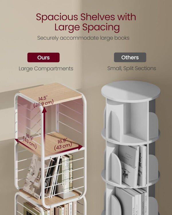 VASAGLE Biblioteca rotativa 360 grade, cadru metalic, cu 5 polite MDF, 43x43x158cm, alb - imagine 8