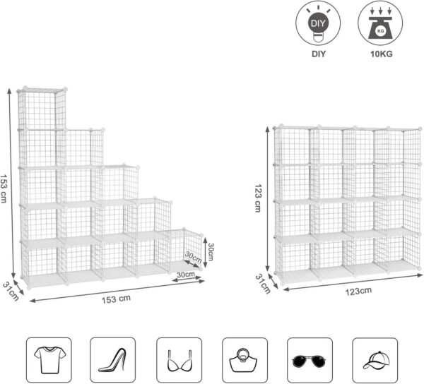 SONGMICS Organizator cu 16 cuburi modulare de depozitare, configurabil, metalic, 123x31x123cm, alb - imagine 3