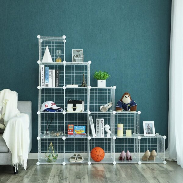 SONGMICS Organizator cu 16 cuburi modulare de depozitare, configurabil, metalic, 123x31x123cm, alb - imagine 4