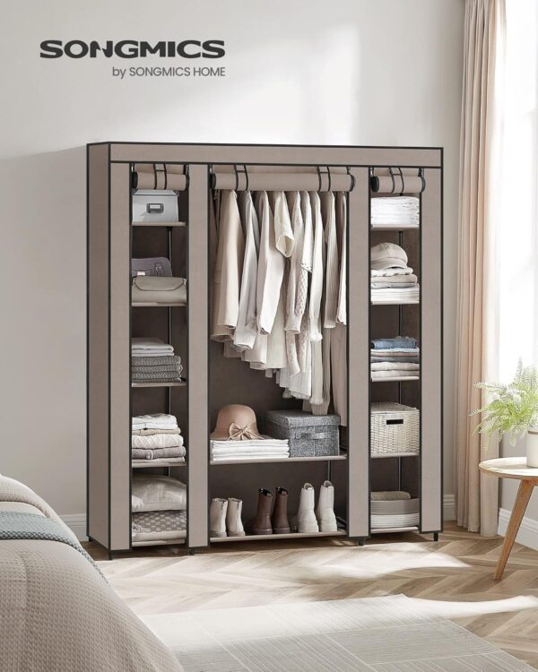 SONGMICS Garderoba din material textil, dulap portabil, cu rafturi si sina de agatat, 150x45x175cm, taupe - imagine 3
