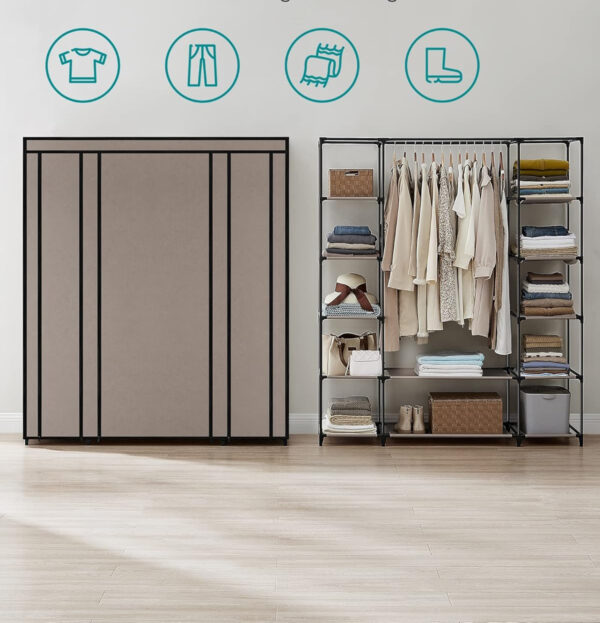 SONGMICS Garderoba din material textil, dulap portabil, cu rafturi si sina de agatat, 150x45x175cm, taupe - imagine 4