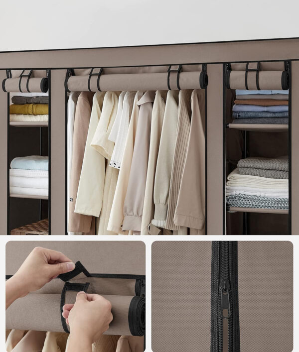 SONGMICS Garderoba din material textil, dulap portabil, cu rafturi si sina de agatat, 150x45x175cm, taupe - imagine 5