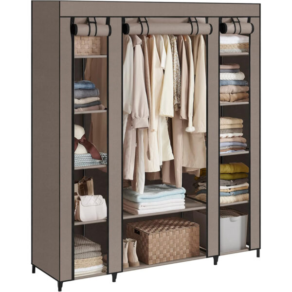 SONGMICS Garderoba din material textil, dulap portabil, cu rafturi si sina de agatat, 150x45x175cm, taupe - imagine 6
