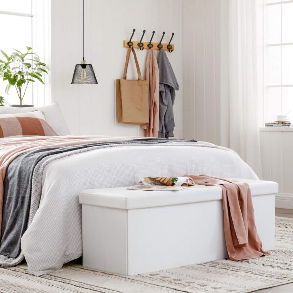 SONGMICS Taburet pliabil cu spatiu de depozitare, 3 locuri, imitatie piele, 110x38x38 cm, alb - imagine 4