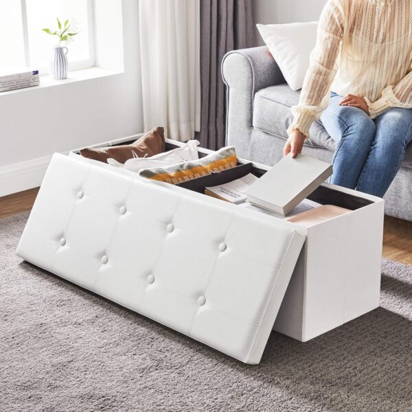 SONGMICS Taburet pliabil cu spatiu de depozitare, 3 locuri, imitatie piele, 110x38x38 cm, alb - imagine 5