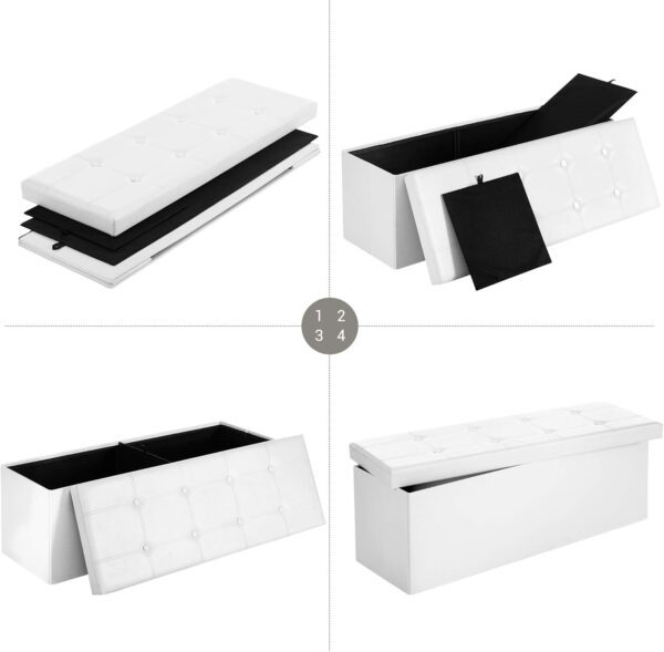 SONGMICS Taburet pliabil cu spatiu de depozitare, 3 locuri, imitatie piele, 110x38x38 cm, alb - imagine 7