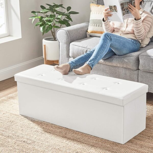 SONGMICS Taburet pliabil cu spatiu de depozitare, 3 locuri, imitatie piele, 110x38x38 cm, alb - imagine 8