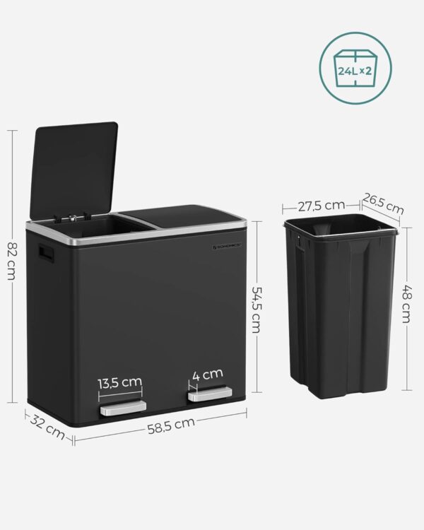 SONGMICS Cos de gunoi din inox cu 2 compartimente colectare selectiva, cu galeti interioare, 2x24 litri, negru - imagine 3